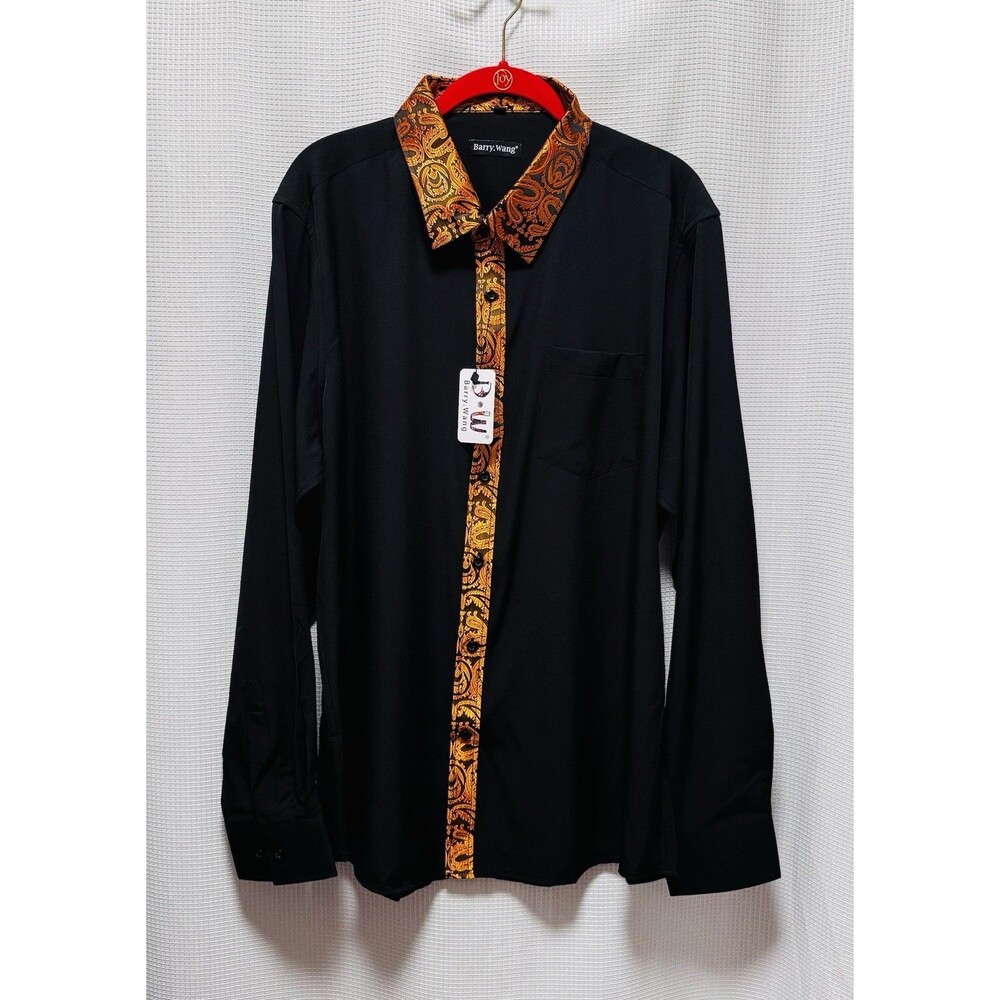 Barry.Wang Men’s Dress Shirt Black Gold Paisley Trim Button Front Size Large NWT